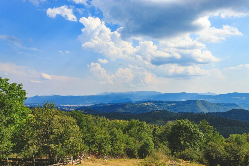 a scenic view of the mountains and trees